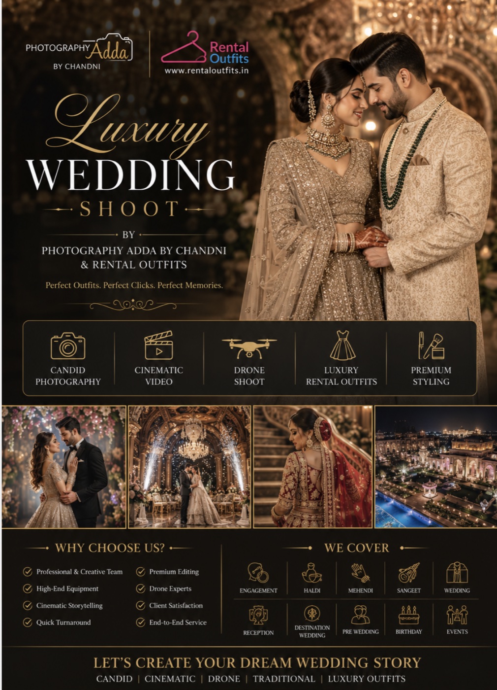 Luxury wedding photography cinematic films drone candid and designer outfits