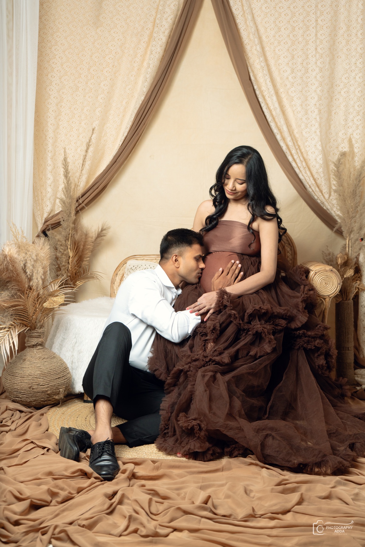 Luxury boho brown gown couple maternity photoshoot
