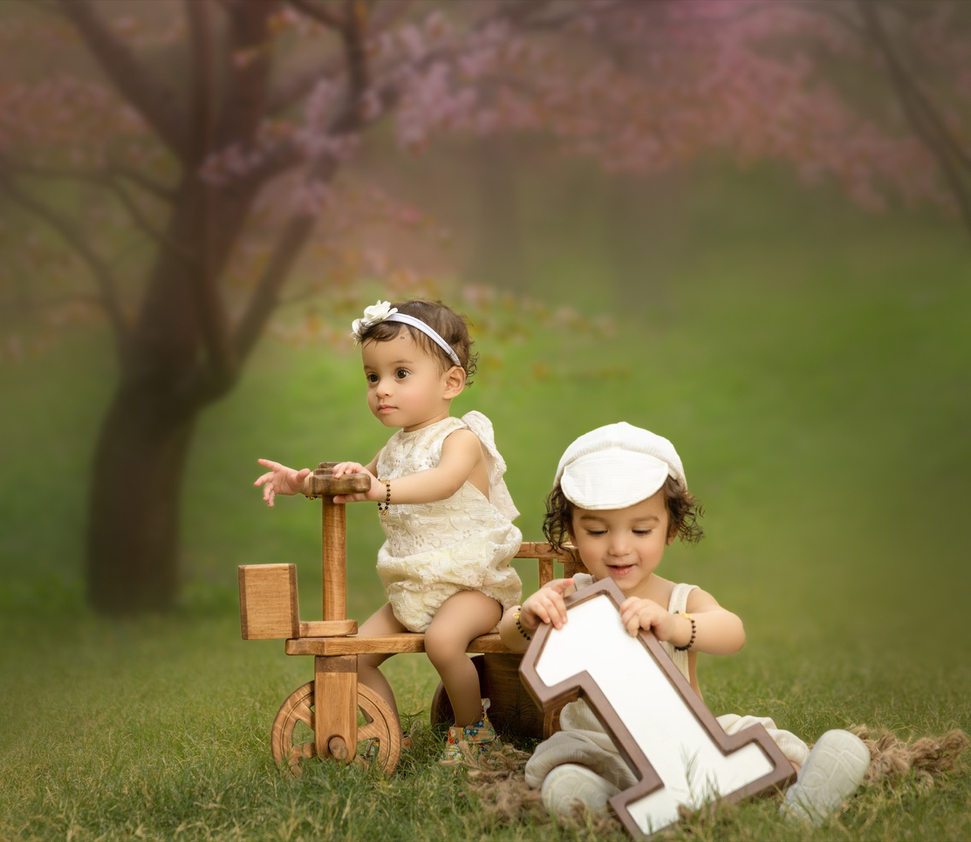 One year baby photoshoot with birthday decor and props